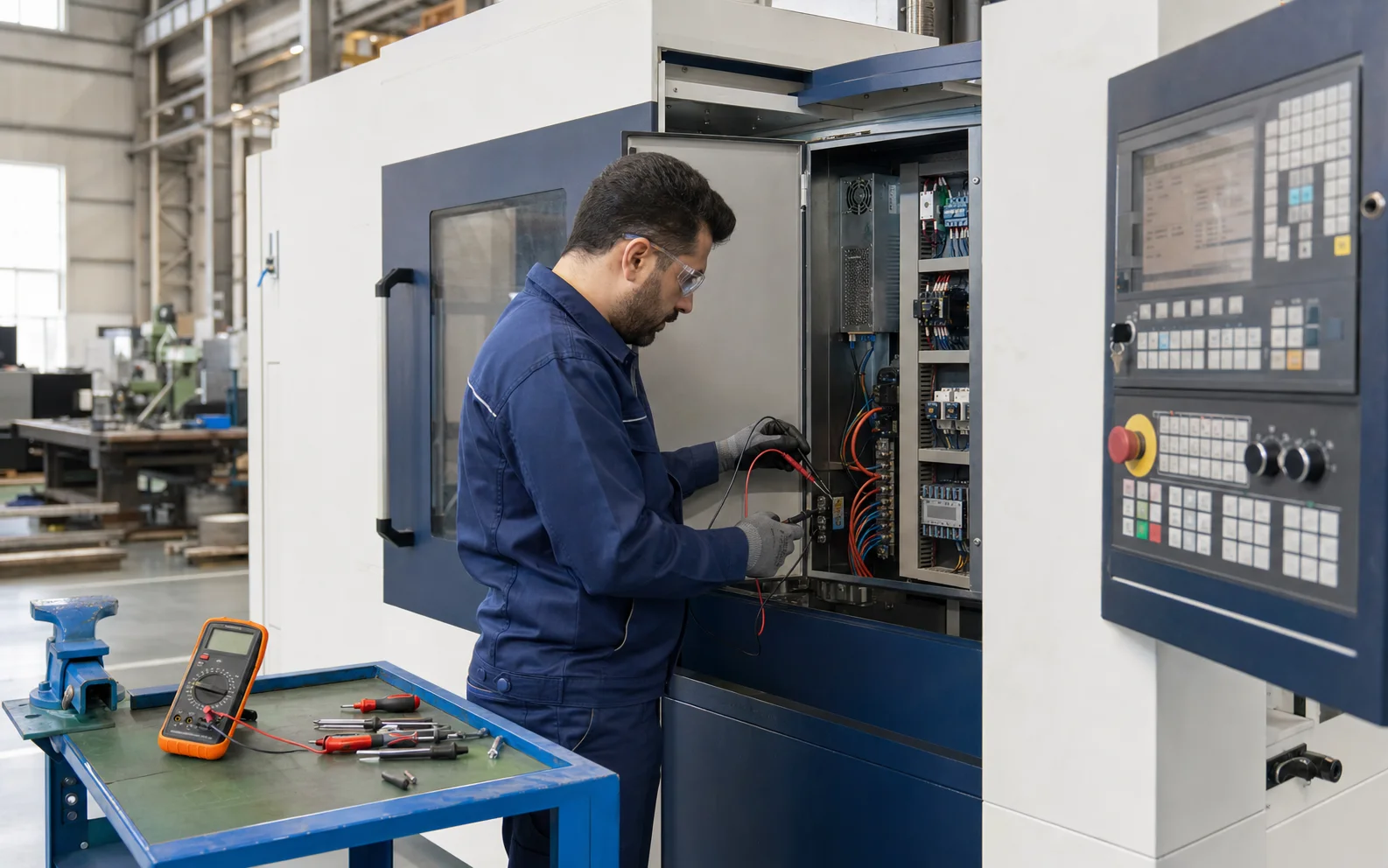 تکنسین متخصص در حال تعمیر و بررسی دستگاه CNC