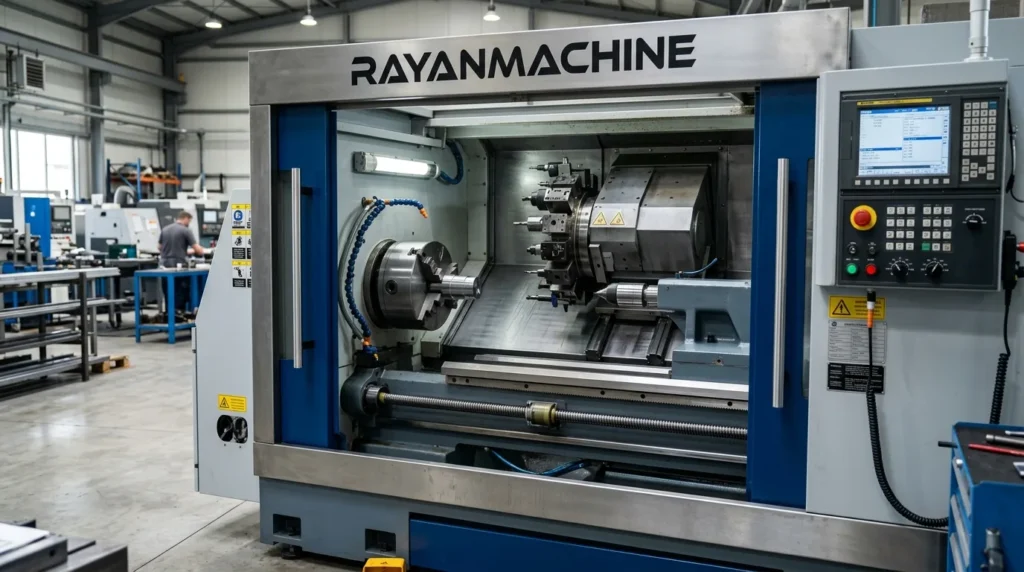 نمای کلی از اجزای دستگاه تراش cnc و شاسی صنعتی برند رایان ماشین