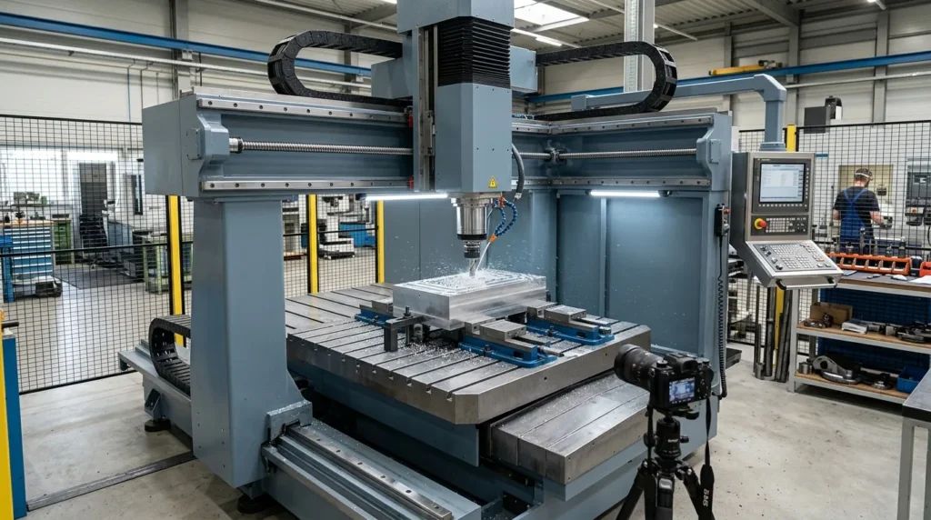نمای کلی از دستگاه فرز دروازه ای cnc استاندارد در کارخانه صنعتی