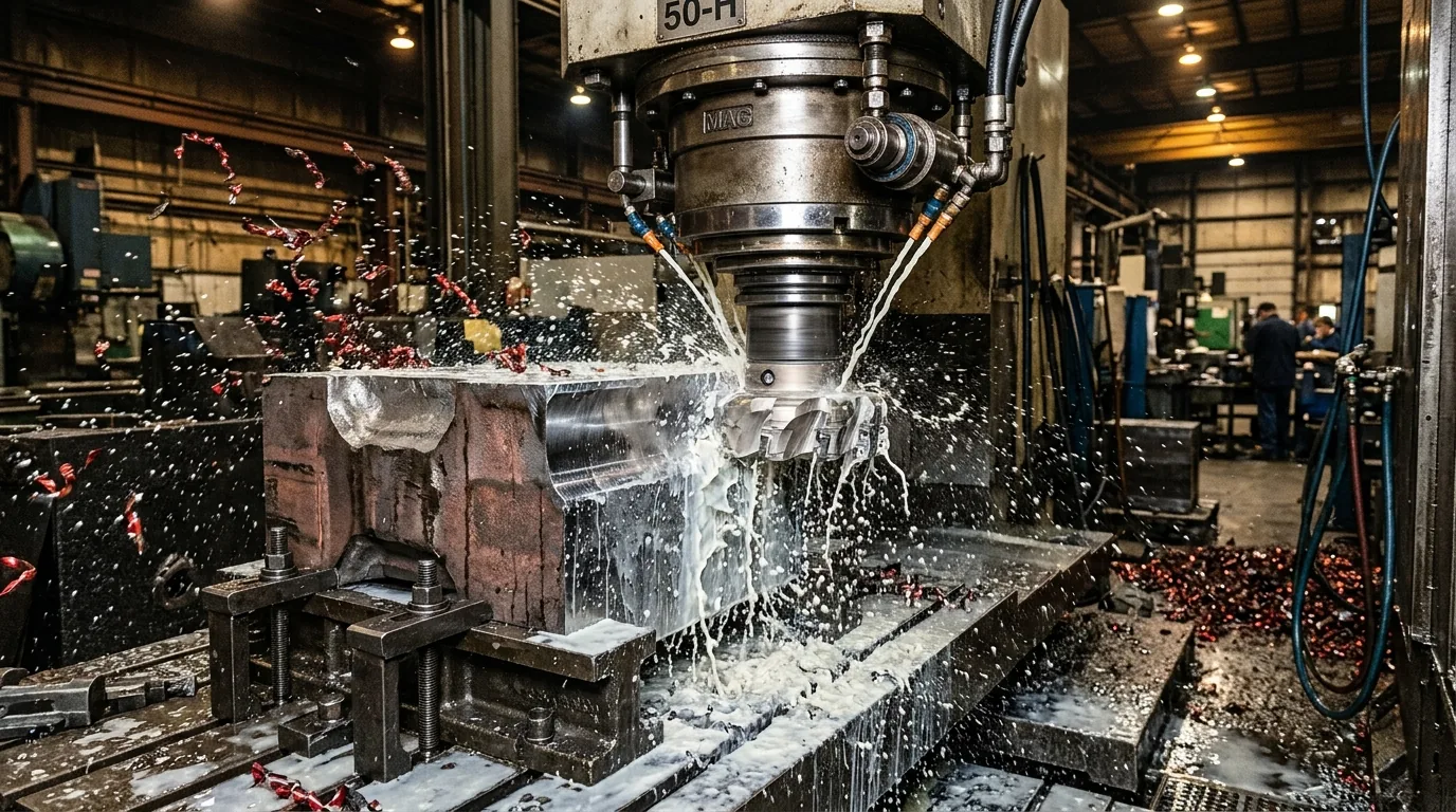 برادهبرداری سنگین توسط اسپیندل قدرتمند دستگاه فرز دروازه ای cnc روی بلوک فولادی